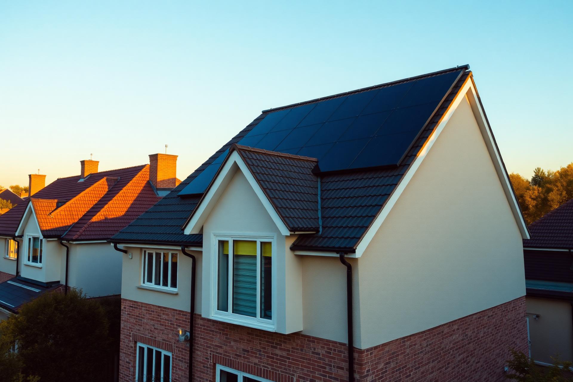 Modern UK home with sleek black solar panels at golden hour